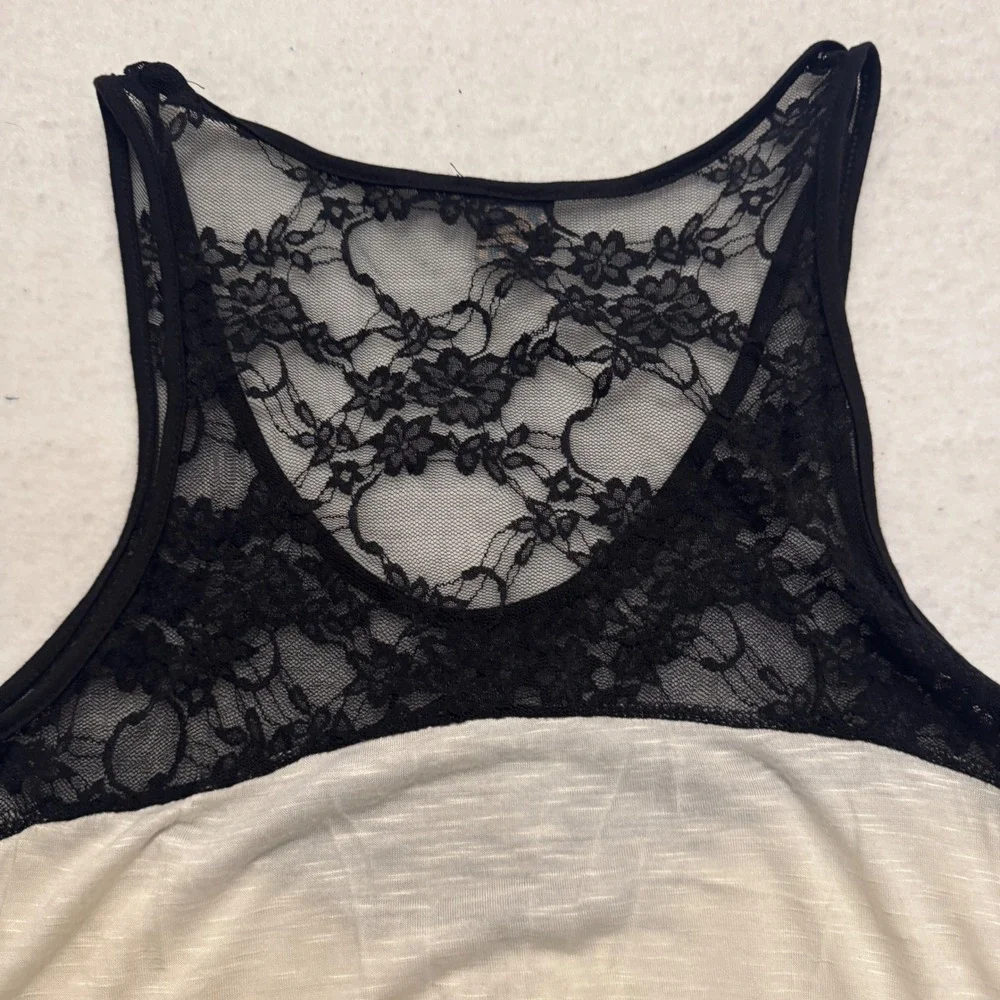 Tres Bien Womens Large‎ Lace Yoke Rose Graphic Rhinestone Tank Top Cream Black